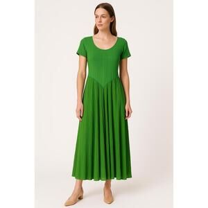 IMPRESSO Dress Womens M/L Rayon Green Gauze Crinkle Skirt‎ Scoop Neck ALine VTG